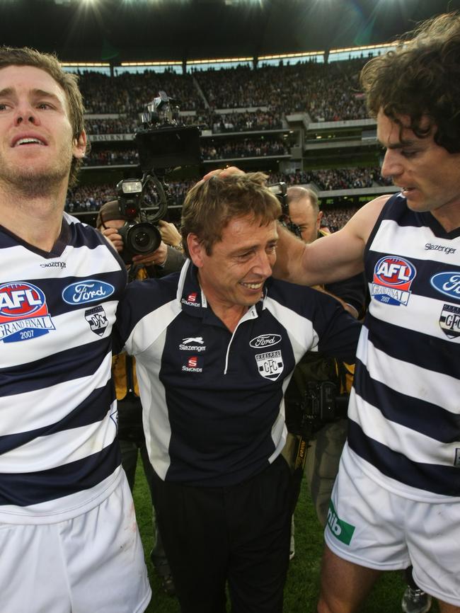 Cam Mooney, coach Mark Thompson and Scarlett after the 2007 breakthrough.