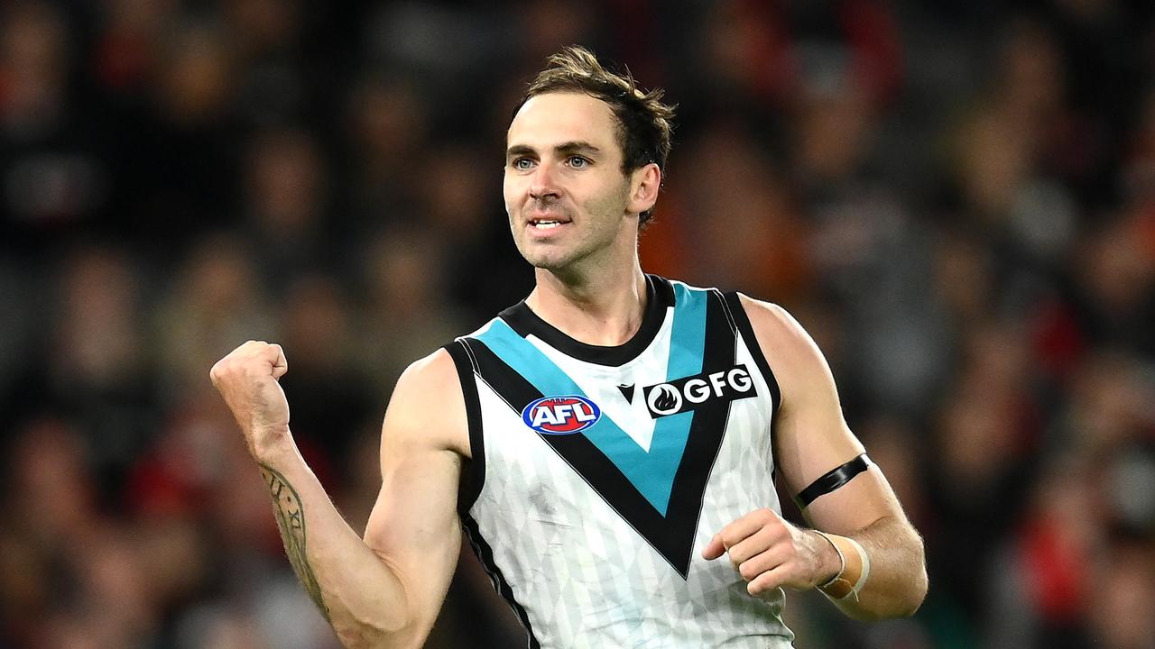 Jeremy Finlayson after kicking a late goal. Picture: Quinn Rooney/Getty Images