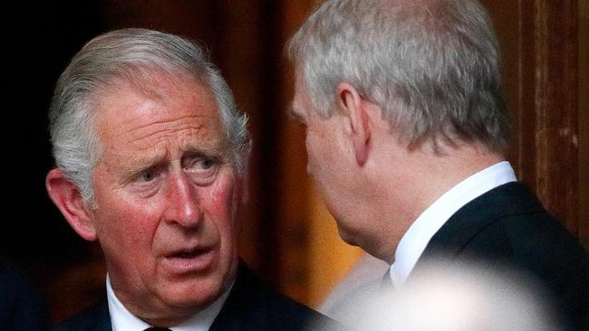 LONDON, UNITED KINGDOM - JUNE 27: (EMBARGOED FOR PUBLICATION IN UK NEWSPAPERS UNTIL 48 HOURS AFTER CREATE DATE AND TIME) Prince Charles, Prince of Wales and Prince Andrew, Duke of York attend the funeral of Patricia Knatchbull, Countess Mountbatten of Burma at St Paul's Church, Knightsbridge on June 27, 2017 in London, England. Patricia, Countess Mountbatten of Burma daughter of Louis Mountbatten, 1st Earl Mountbatten of Burma and third cousin of Queen Elizabeth II died aged 93 on June 13 2017. (Photo by Max Mumby/Indigo/Getty Images)