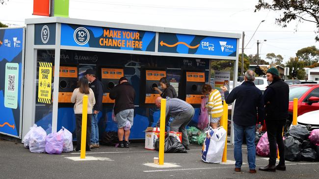 The first day of the Victorian container deposit scheme at Newcomb. Picture: Alison Wynd