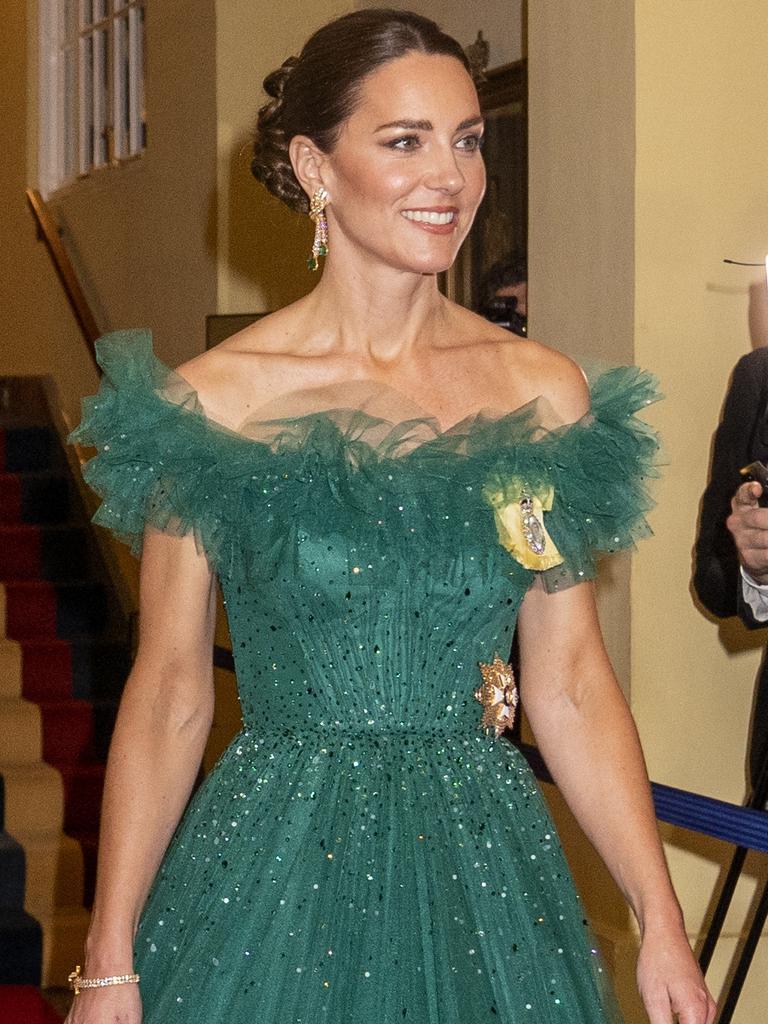 Catherine, Duchess of Cambridge at a dinner hosted by Patrick Allen, Governor General of Jamaica, at King's House. Picture: Jane Barlow – Pool/Getty Images.