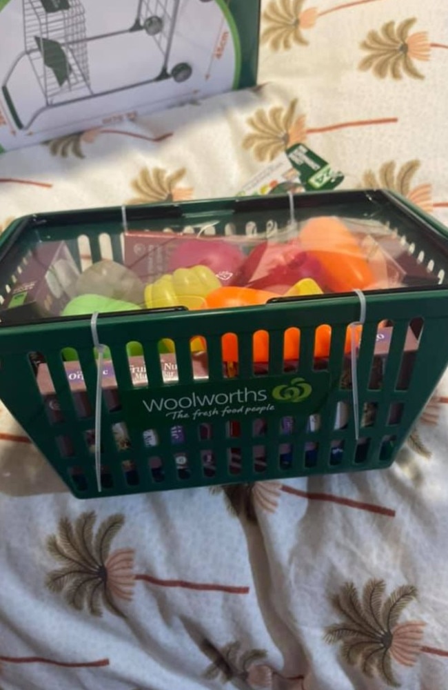 Parents have been flooding social media with their purchases from the range – including this Woolies basket play food and boxes for $10. Picture: Facebook