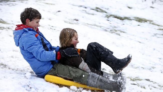 Snow fall in Hobart. mount wellington . picture of people at the top of Strickland ave , picture of south hobart brothers in their backyard front Marco 9 and Louis 12 Vincent