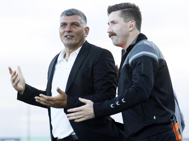 MELBOURNE, AUSTRALIA – DECEMBER 07: John Aloisi, Head Coach, of Western United talks to the fourth official on the final whistle during the round seven A-League Men match between Western United and Macarthur FC at Ironbark Fields, on December 07, 2024, in Melbourne, Australia. (Photo by Martin Keep/Getty Images)