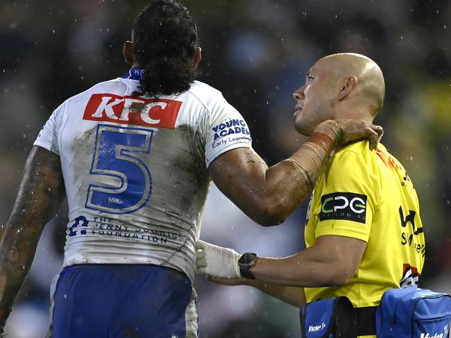 Josh Addo-Carr was forced off the field with a hamstring injury. Picture: NRL Imagery