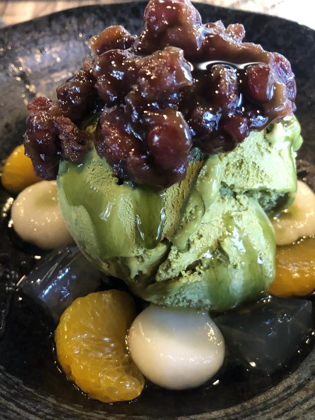 Matcha shiratama (matcha gelato, adzuki beans, mandarin) at The Donburi House, Adelaide.