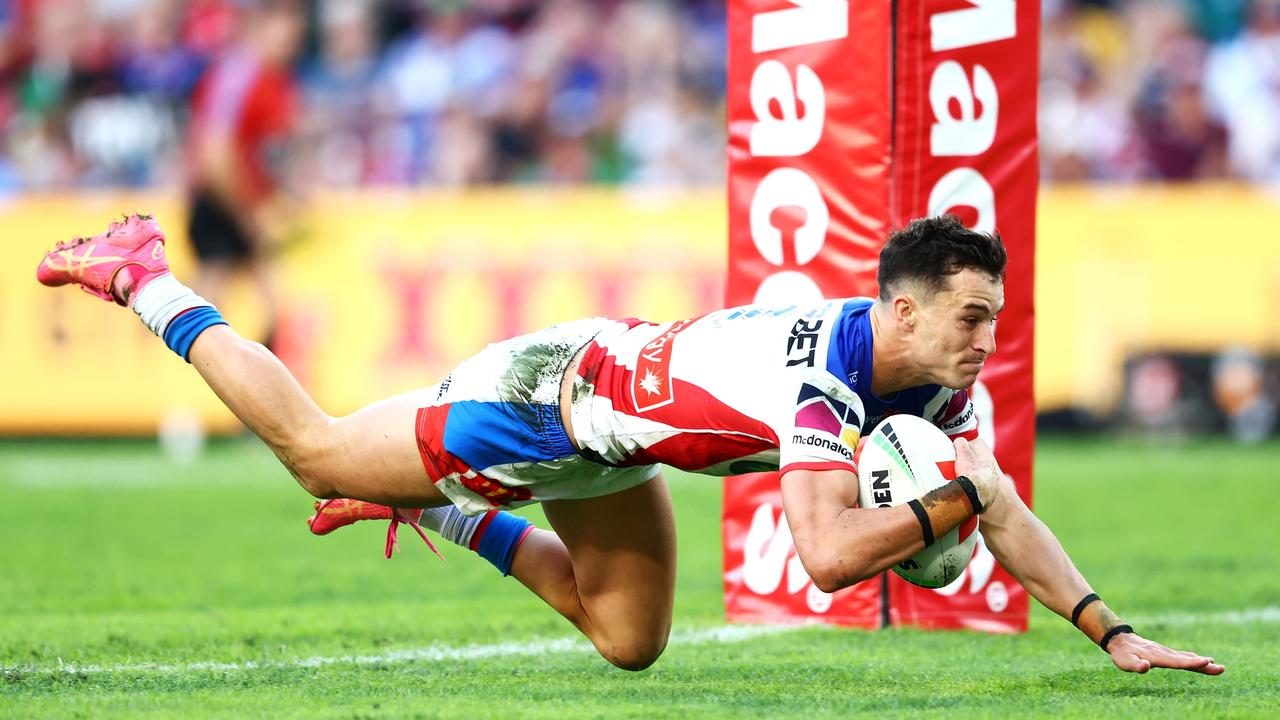 David Armstrong of the Knights scores a try against the Gold Coast Titans. Picture: Getty Images