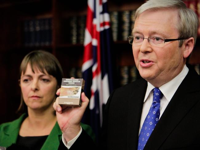 Then-prime minister Kevin Rudd and health minister Nicola Roxon hold a press conference to announce a major new anti-smoking drive at government offices in Sydney.