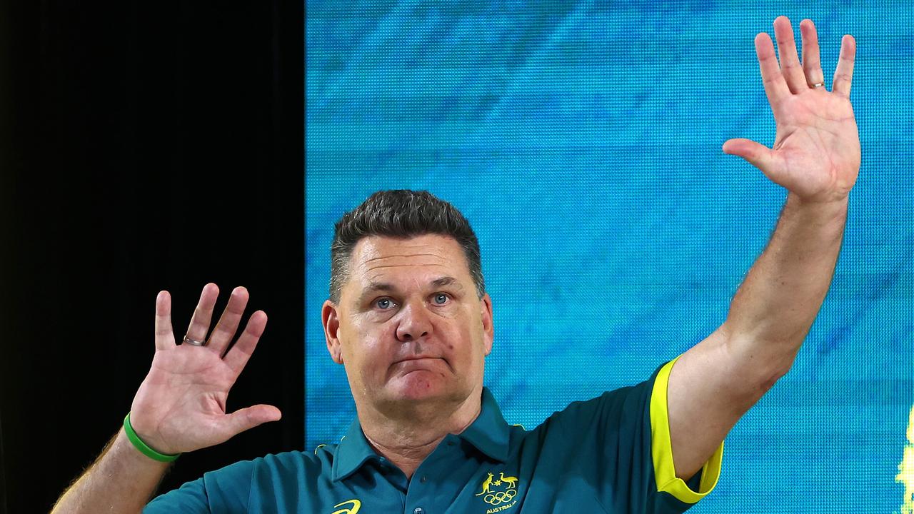 BRISBANE, AUSTRALIA - JUNE 15: Swimming Australia Head Coach Rohan Taylor waves to the crowd during the Australian 2024 Paris Olympic Games Swimming Squad Announcement at Brisbane Aquatic Centre on June 15, 2024 in Brisbane, Australia. (Photo by Quinn Rooney/Getty Images)