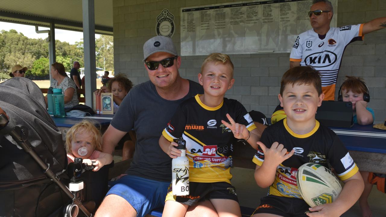 Sage, Leighton and Bodie Bevan with Angus Conry at the Play Something Unreal rugby league clinic in Kawana. Picture: Sam Turner