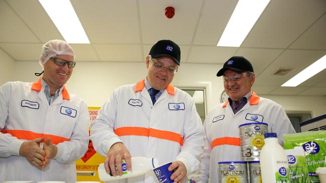 Treasurer Scott Morrison will be at Smeaton Grange to oversee first signing under new Free Trade Agreement with China.Andrew Harris, Scott Morrison and Russell Matheson try A2 milk.