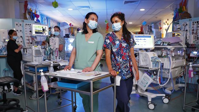 Inside the NICU Ward at Royal Hospital for Women Randwick. From left: Dr Sarah Tapawan and nurse Nada Ghazi. Picture: Sam Ruttyn