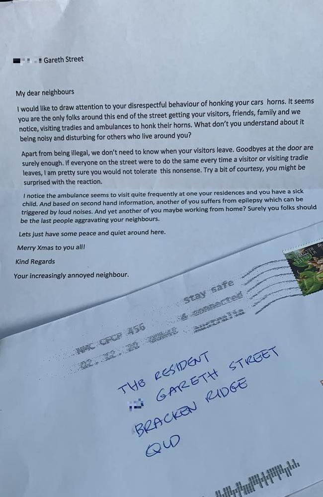 The letter addressed to residents of Gareth St, which complains of honking goodbyes and gossips about medical conditions.