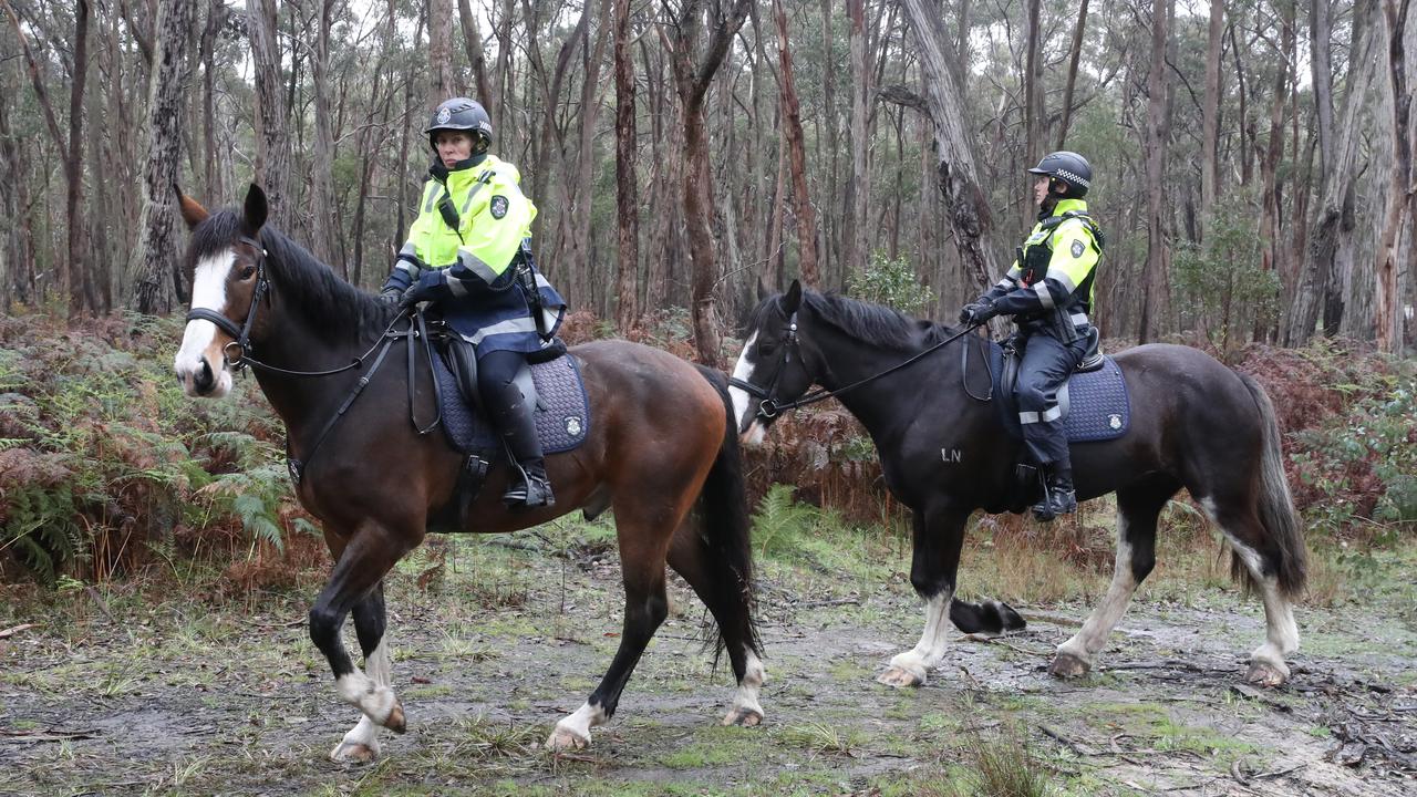 Police on horseback join a search in an area around Enfield State park in Victoria for the body of Samantha Murphy. Picture: NewsWire /pool / David Crosling