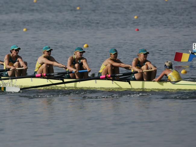 Katie Foulkes (right) in the women's eight event on August 22, 2004 during the Athens Summer Olympic Games. Photo: Doug Pensinger/Getty Images