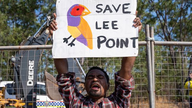 Protesters are picketed the Lee Point Defence Housing Australia Development. Picture: Pema Tamang Pakhrin
