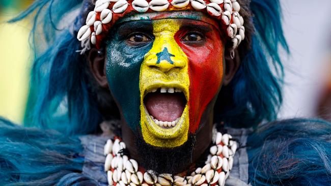 TOPSHOT - A Senegal's supporter reacts prior to the Africa Cup of Nations (CAN) 2024 group C football match between Senegal and Cameroon at the Stade Charles Konan Banny in Yamoussoukro on January 19, 2024. (Photo by KENZO TRIBOUILLARD / AFP)