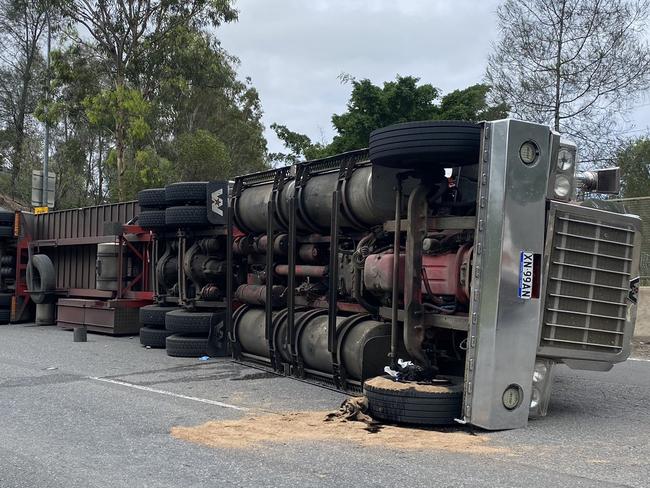 The truck rollover on the Gateway motorway. Photo: Rosanna Kingsun