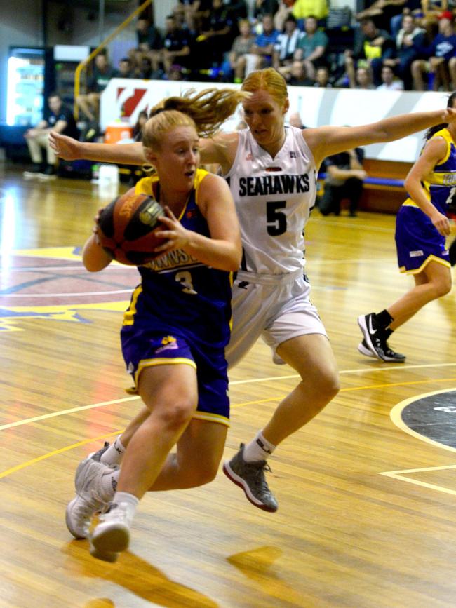 Queensland Basketball League quarter finals at Townsville Basketball Stadium. Townsville Flames against North Gold Coast Seahawks. Flames Haylee Andrews and Seahawks' Aimee Hani. Picture: Evan Morgan