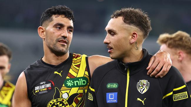 MELBOURNE, AUSTRALIA - MAY 25: Marlion Pickett and Shai Bolton of the Tigers walk off the field after losing the round 11 AFL match between Richmond Tigers and Essendon Bombers at Melbourne Cricket Ground, on May 25, 2024, in Melbourne, Australia. (Photo by Quinn Rooney/Getty Images)