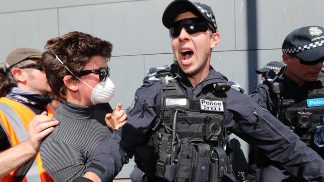 The climate change protesters that vowed to blockade the event clash with police. Picture: Alex Coppel.