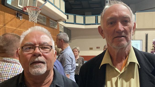 Bruce Deen and Bill Franke celebrate the 50th anniversary of the Rainbows Rugby League Football Club at its golden jubilee at the Gympie Showgrounds Pavilion on the night of June 3, 2023.