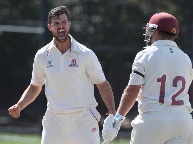 James Nanopoulos bowling for Dandenong celebrates after getting out Matthew Bremner batting for Fitzroy Doncaster   during the Premier Cricket: Dandenong v Fitzroy Doncaster game at Camberwell. Saturday, March 23, 2019. Picture: David Crosling