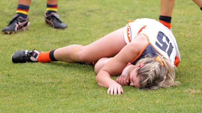 Brid Stack lays motionless after sustaining her shocking injury. Picture: Daniel Kalisz/Getty Images