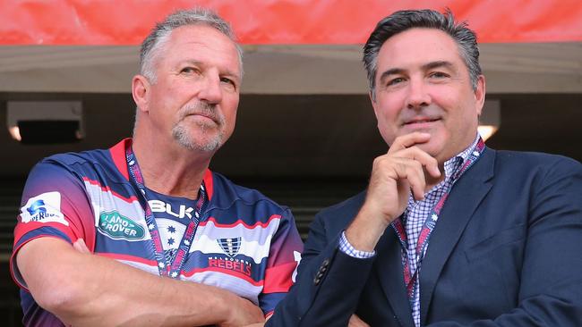 Rebels owner Andrew Cox got England cricket legend Ian Botham into a Melbourne Rebels shirt last week. Picture: Getty Images