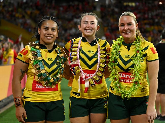 Sarah Togatuki, Quincy Dodd and Olivia Higgins after debuting for the Jillaroos. Picture: NRL Photos