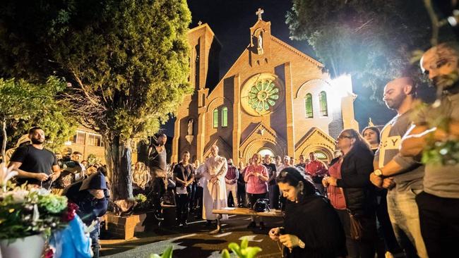 Christians Gather at Dulwich Hill Catholic Church after Jesus and Mary statues vandalised Monday night. (Pic: Giovanni Portelli)