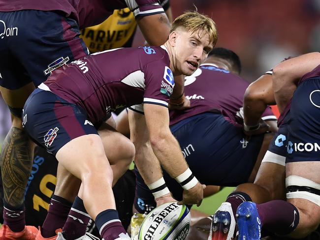 BRISBANE, AUSTRALIA - MARCH 20: Tate McDermott of the Reds in action during the round five Super RugbyAU match between the Queensland Reds and the Western Force at Suncorp Stadium, on March 20, 2021, in Brisbane, Australia. (Photo by Albert Perez/Getty Images)