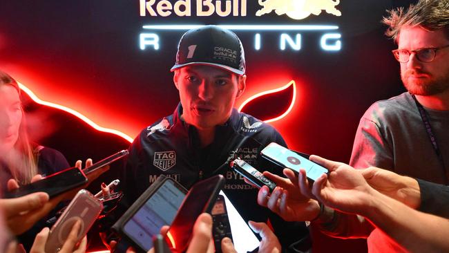 Max Verstappen speaks to the media after the opening ceremony for the Las Vegas Grand Prix. Picture: AFP