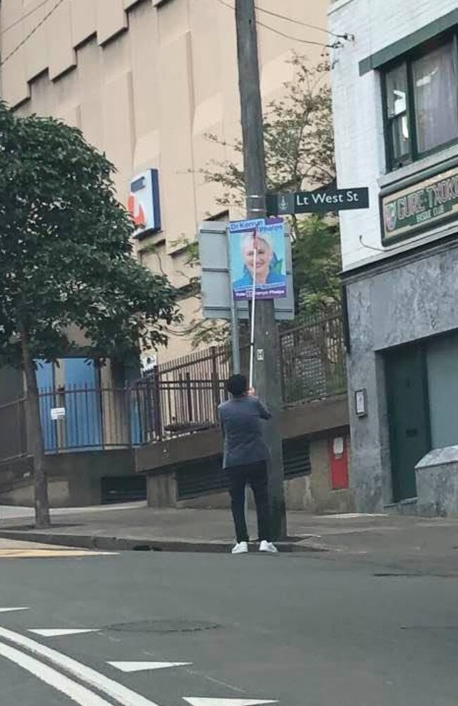 A person pictured removing a Kerryn Phelps poster in the Wentworth electorate.