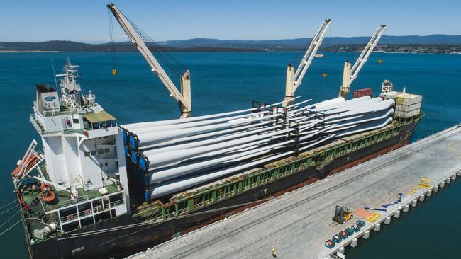 A ship carrying 68.75m wind turbine blades arrives in the Port of Bell Bay. Picture: TAS PORTS CORPORATION