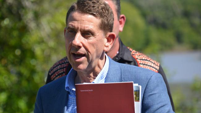 State Treasurer Cameron Dick had his moment in the winter sunshine reinforcing the state's $107.5m budget commitment to Cairns' water security. Picture: Bronwyn Farr.