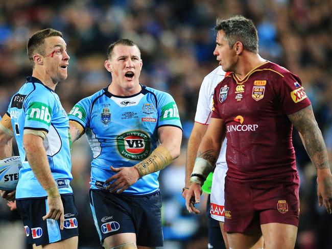 James Maloney and Paul Gallen have words with Corey Parker after the Blues scored the winning try.