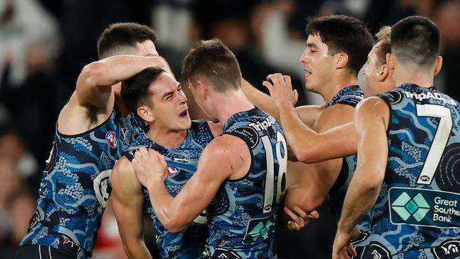 Zac Fisher celebrates kicking the sealer. Picture: Michael Willson/AFL Photos via Getty Images