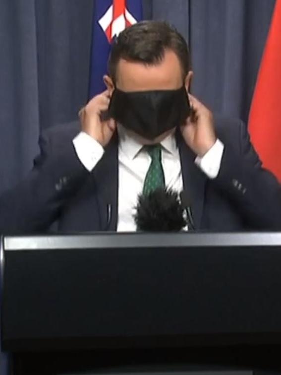 WA Premier Mark McGowan struggled with his mask as he spoke to the media on Monday. Picture: Supplied