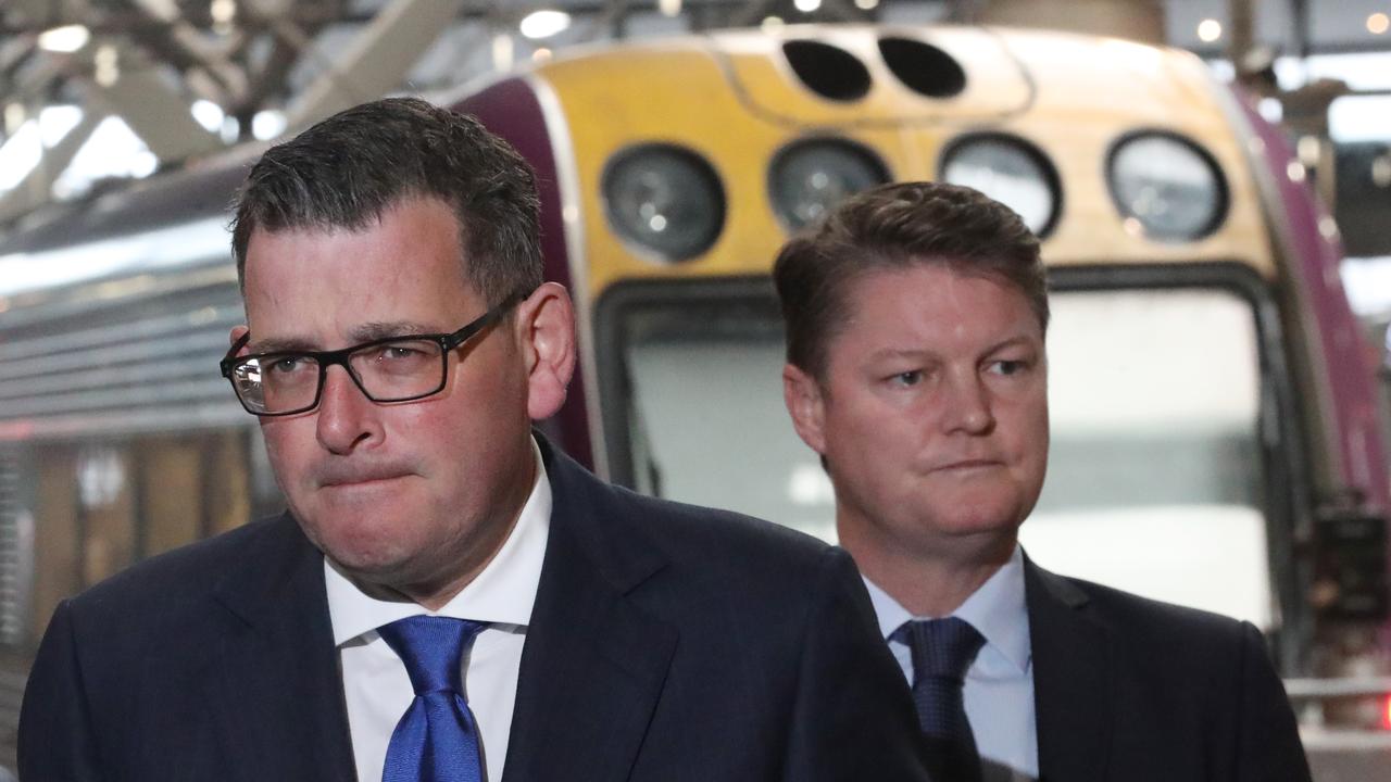 Premier, Daniel Andrews and Minister for Public Transport Ben Carroll announcing cheaper regional V/Line fares. Picture: David Crosling