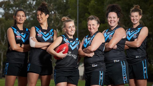 Aimee Van Der Hulst, Tella Wise, Suzanne Holliday, Lynne Neumann, Rebecca Pearson and Hannah Beale are part of Blackfriars Old Scholars’s inaugural women’s side. Picture: Matt Loxton