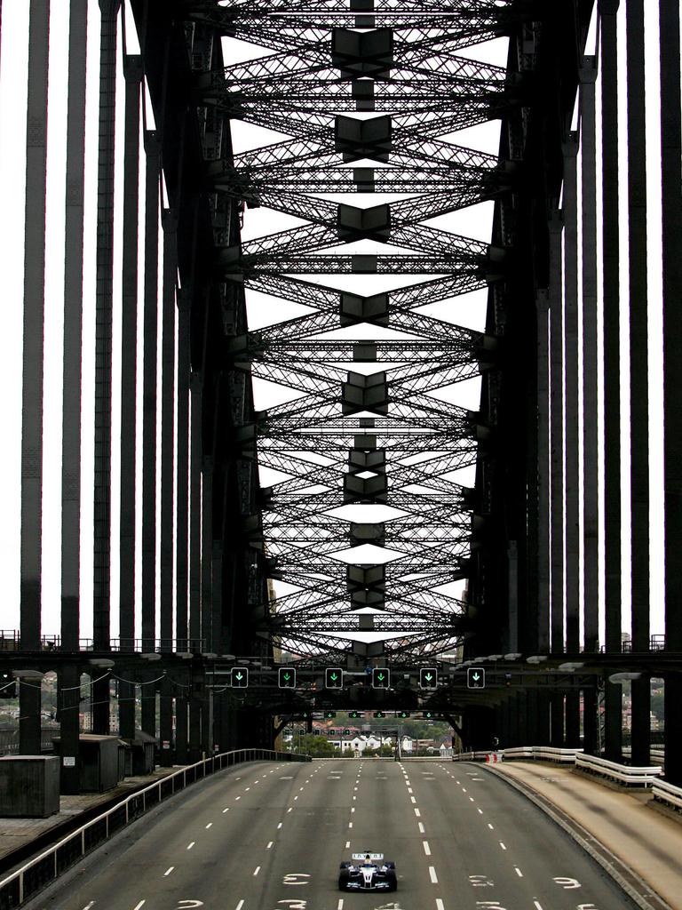 Mark Webber drove on the Sydney Harbour Bridge as part of a promotion. Picture: David Gray