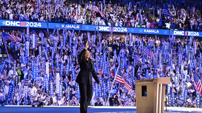 Kamala Harris waves as she arrives onstage to speak on the last day of the Democratic National Convention. Picture: AFP