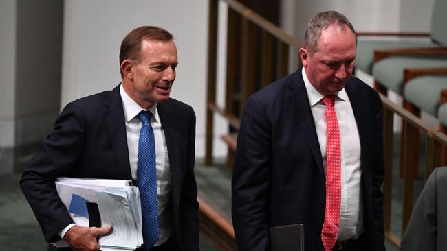 Former prime minister Tony Abbott and former deputy prime minister Barnaby Joyce. Picture: AAP