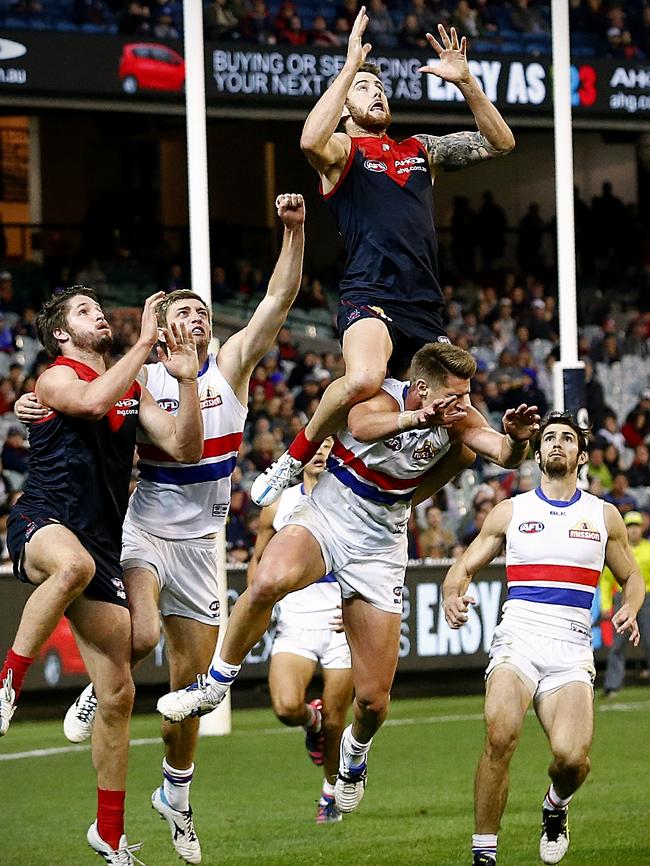 Jeremy Howe takes a ride on Michael Talia in 2015. Picture: Wayne Ludbey