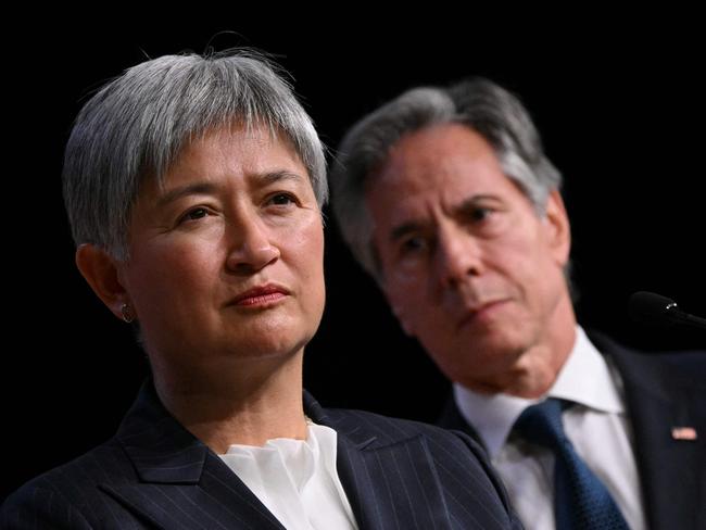 US Secretary of State Antony Blinken (2) and Australian Foreign Minister Penny Wong look on at a press conference during the 2024 Australia-US Ministerial Consultations at the US Naval Academy in Annapolis, Maryland, on August 6, 2024. (Photo by Drew ANGERER / AFP)