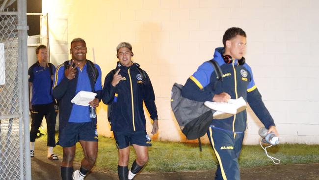 (From left) Clin Gutherson, Maika Sivo, Dylan Brown and Kane Evans leave Bankstown Airport in the early hours of Friday morning. Picture: Steve Tyson