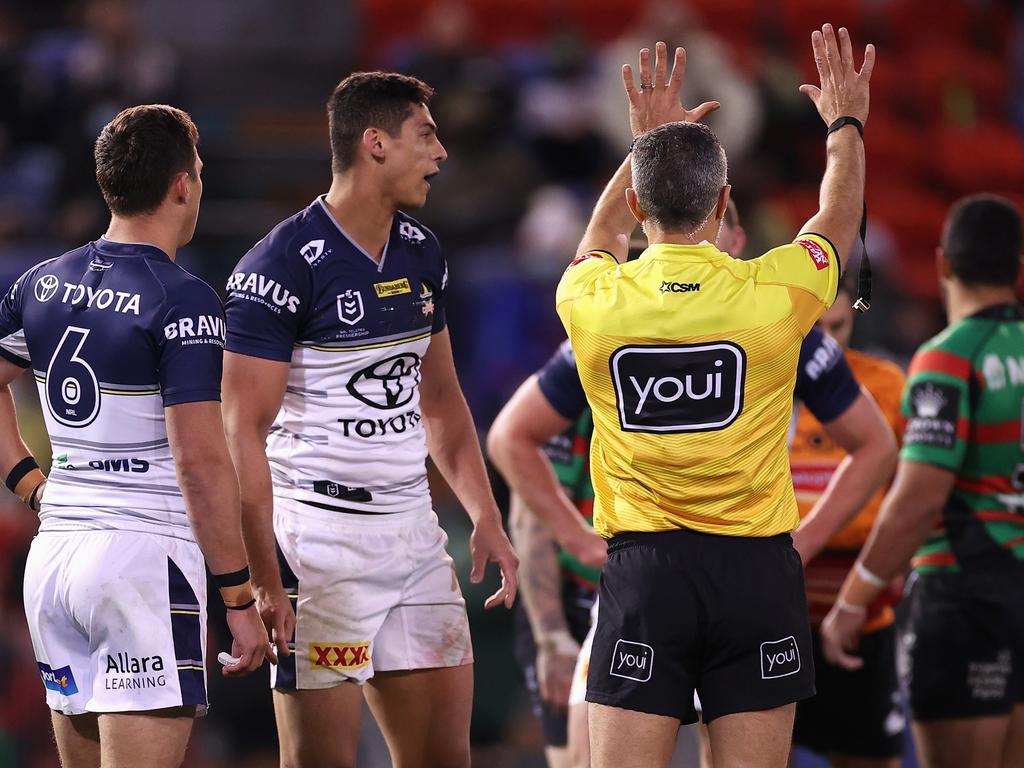 Referee Matt Cecchin sends Heilum Luki of the Cowboys to the sin bin during the match against the Rabbitohs. (Photo by Mark Kolbe/Getty Images)