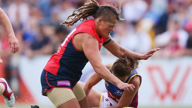 Melbourne’s Richelle Cranston  crashes into Brisbane’s Jamie Stanton. Picture: Getty Images