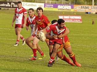 NO WAY THROUGH: Luke Walker eyes an offload in the clash between the South Grafton Rebels and the Coffs Harbour Comets at McKittrick Park on Sunday. Picture: Mitchell Keenan